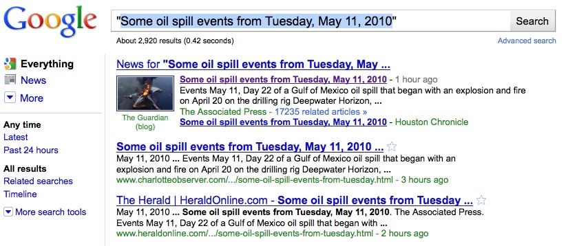 Some oil spill events from Tuesday, May 11, 2010 screengrab from google.com